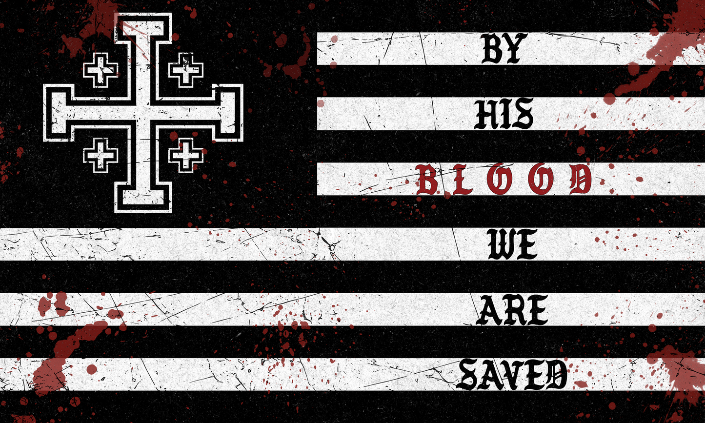 By His Blood Flag – Grit and Gospel Jerusalem Cross Design wall hanger