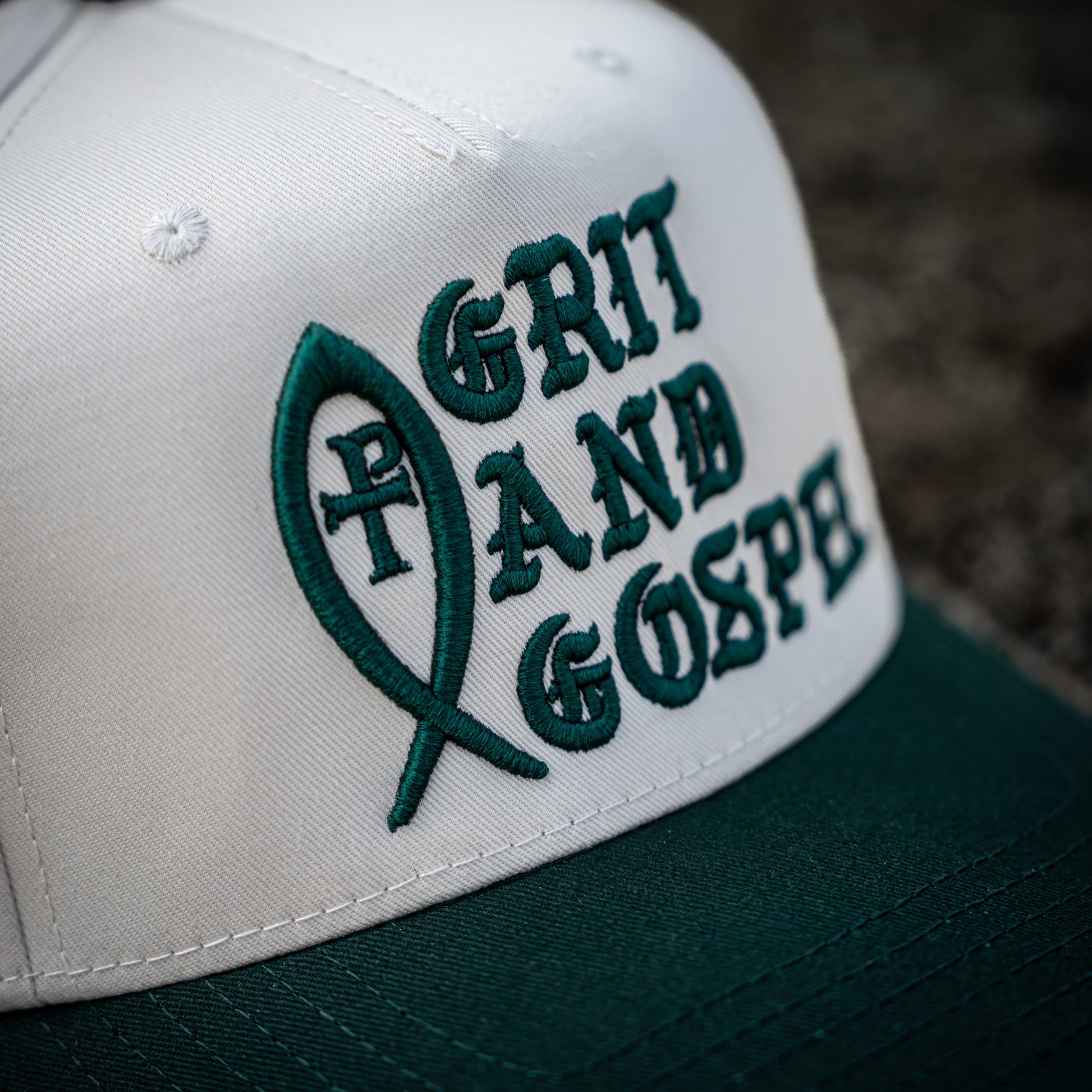 backt of two-tone Otto snapback hat with Pray For Your Homies Embroidery green color christian apparel Ichthys