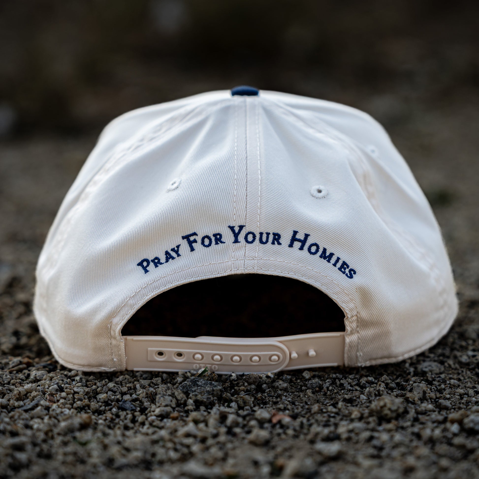 back of two-tone Otto snapback hat with Pray For Your Homies Embroidery blue color christian apparel Ichthys