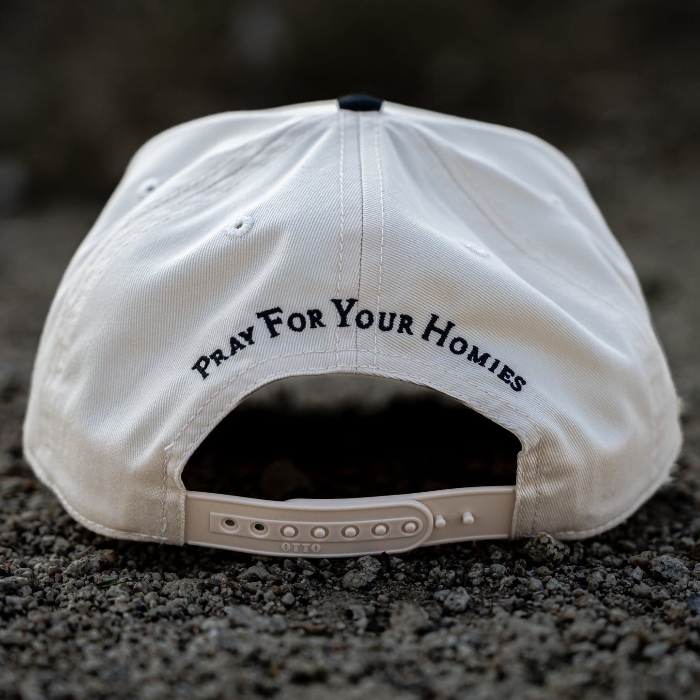 backt of two-tone Otto snapback hat with Pray For Your Homies Embroidery black color christian apparel Ichthys
