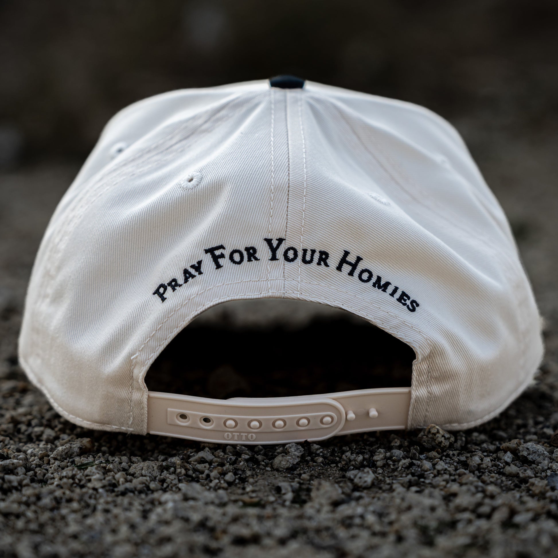 backt of two-tone Otto snapback hat with Pray For Your Homies Embroidery black color christian apparel Ichthys