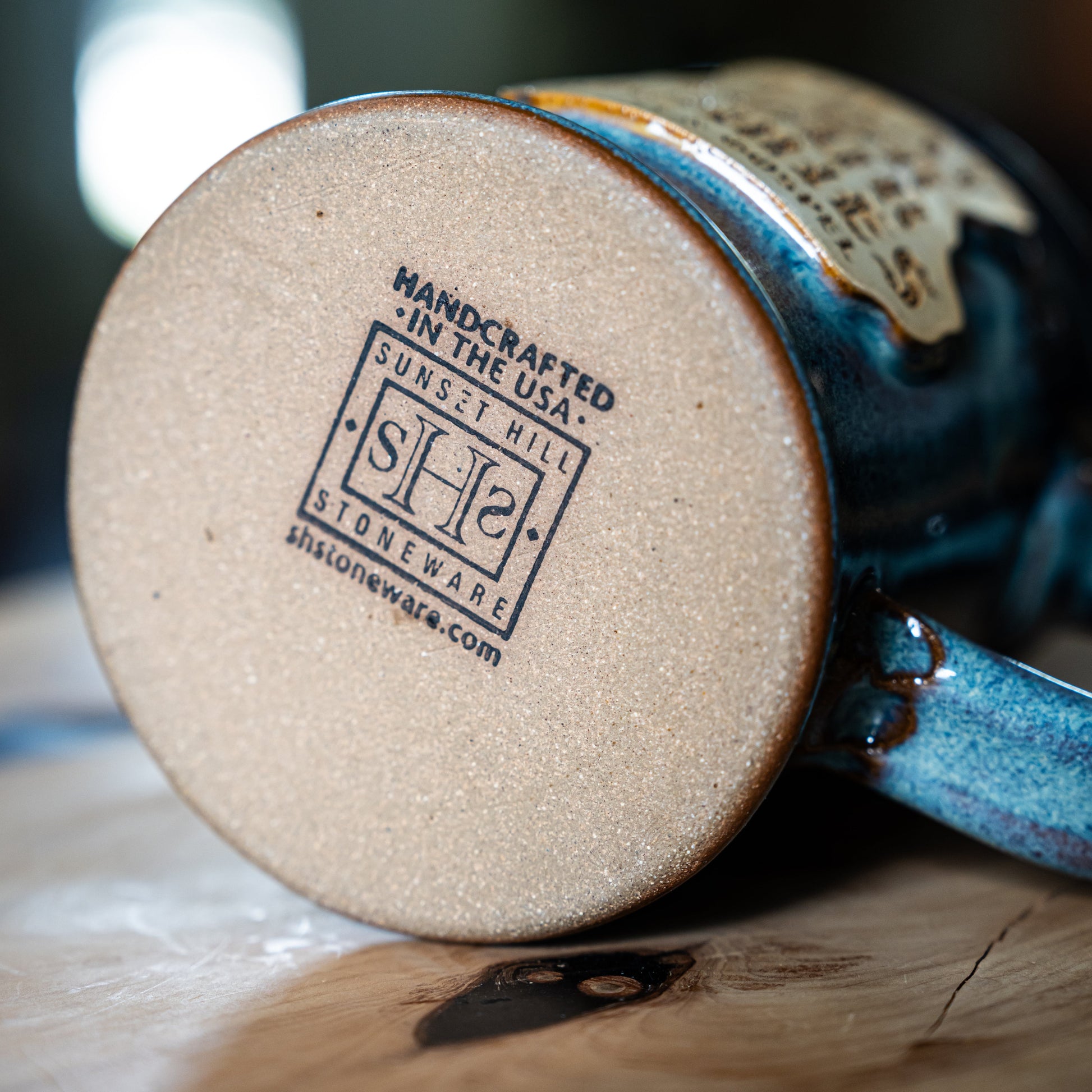 Handmade ceramic mug with Pray for Your Homies stamped design Faith-based sunset hill stoneware