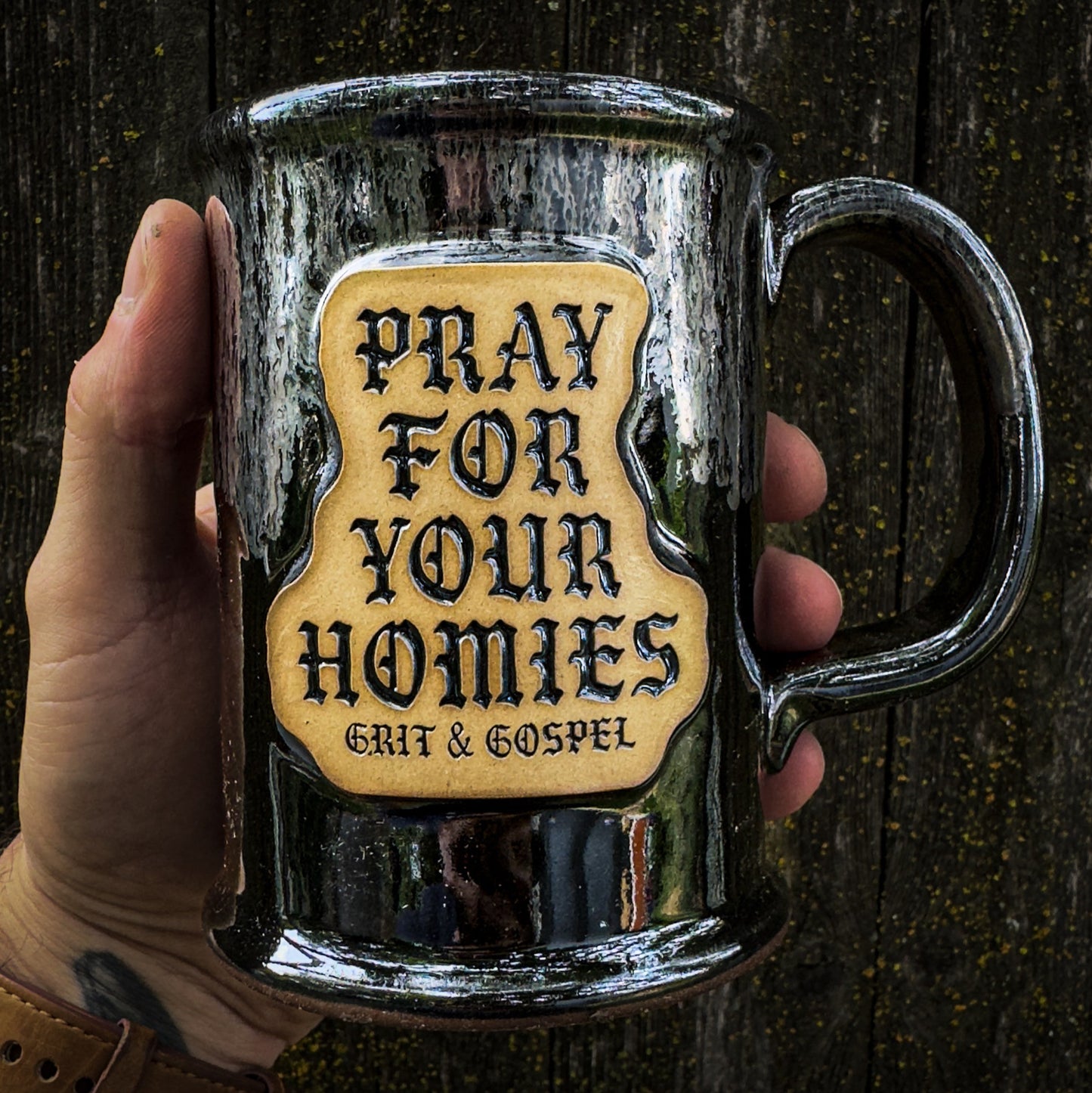Handmade Christian Ceramic Mug – Pray For Your Homies Silvery Night | Faith-Based Pottery