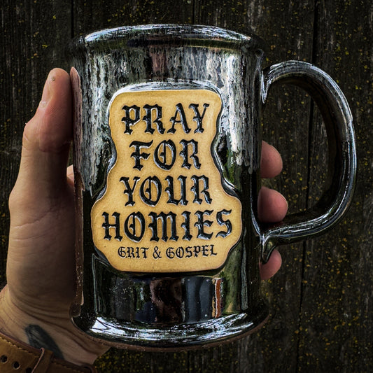 Handmade Christian Ceramic Mug – Pray For Your Homies Silvery Night | Faith-Based Pottery
