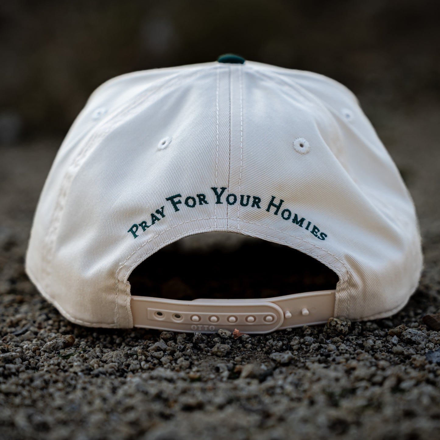 back of two-tone Otto snapback hat with Pray For Your Homies Embroidery green color christian apparel Ichthys