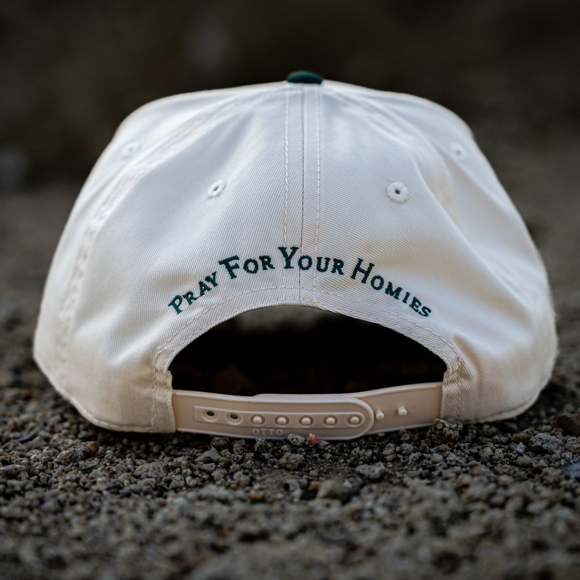 back of two-tone Otto snapback hat with Pray For Your Homies Embroidery green color christian apparel Ichthys