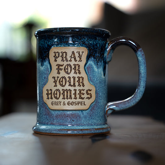 Handmade ceramic mug with Pray for Your Homies stamped design Faith-based