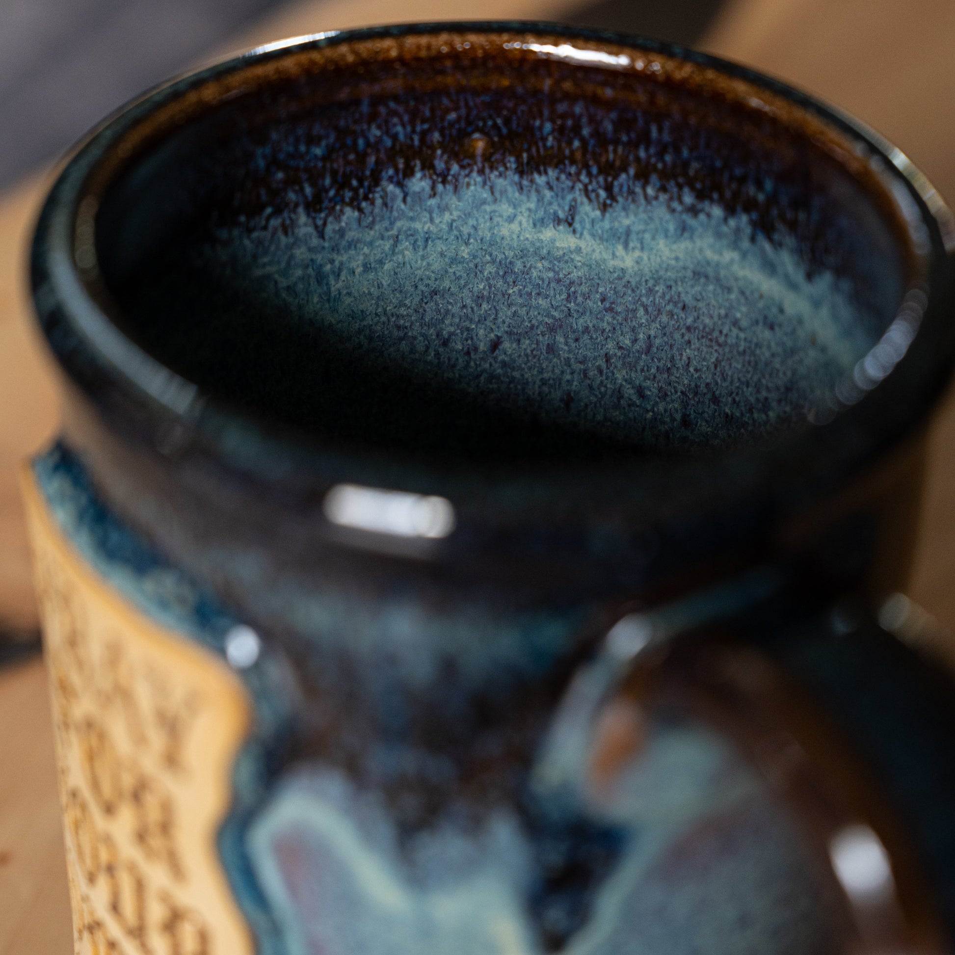 Handmade ceramic mug with Pray for Your Homies stamped design glazed inside rim