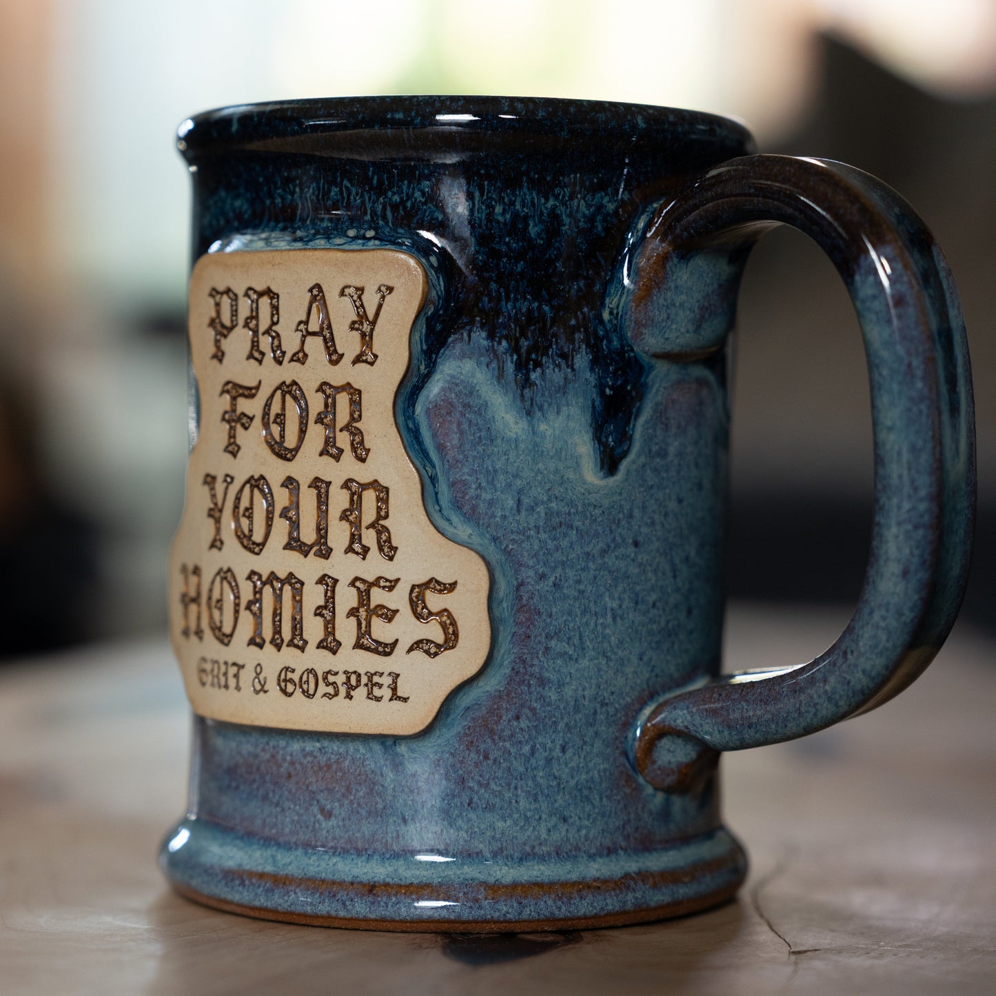 Handmade ceramic mug with Pray for Your Homies stamped design Faith-based glaze