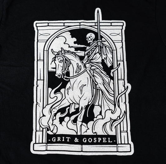 Grit and Gospel Pale Horse Christian t-shirt with Revelation design by Gypsy Walters