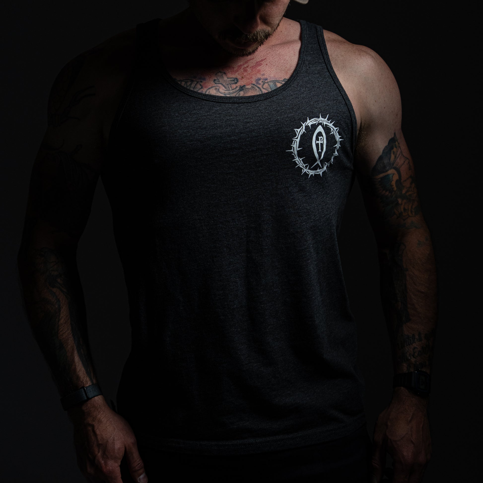 Not Today Satan tank top back graphic of a nail driven through a snake's skull – Grit and Gospel bold Christian streetwear