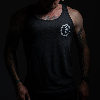 Not Today Satan tank top back graphic of a nail driven through a snake's skull – Grit and Gospel bold Christian streetwear