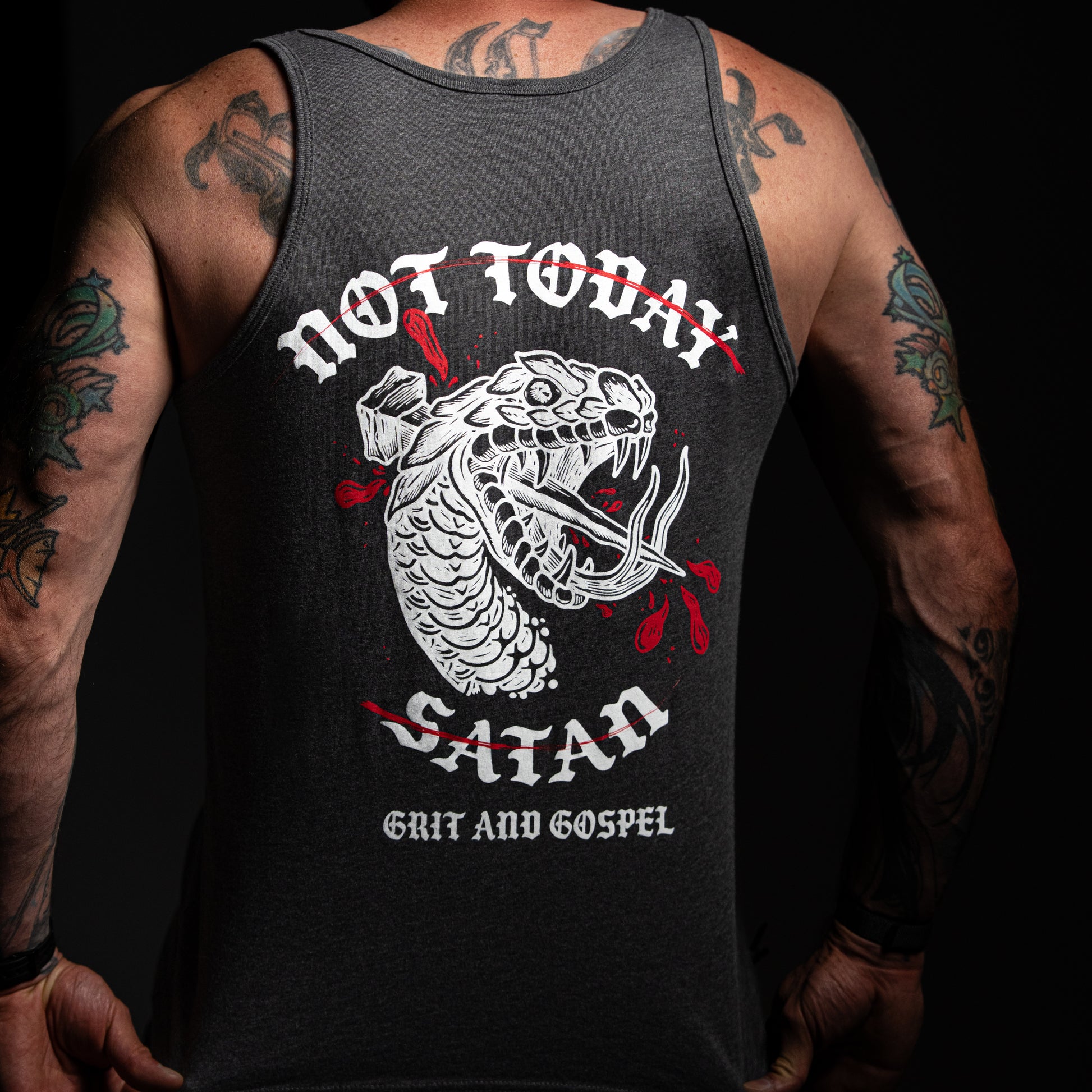 Not Today Satan Christian streetwear tank top, front view with Ichthys and Crown of Thorns chest logo – Grit and Gospel