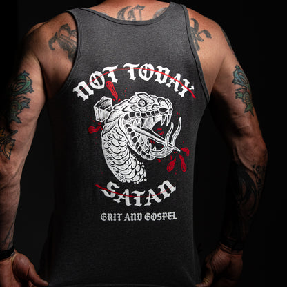 Not Today Satan Christian streetwear tank top, front view with Ichthys and Crown of Thorns chest logo – Grit and Gospel
