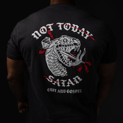 Not Today Satan Christian streetwear t-shirt, front view with Ichthys and Crown of Thorns chest logo – Grit and Gospel