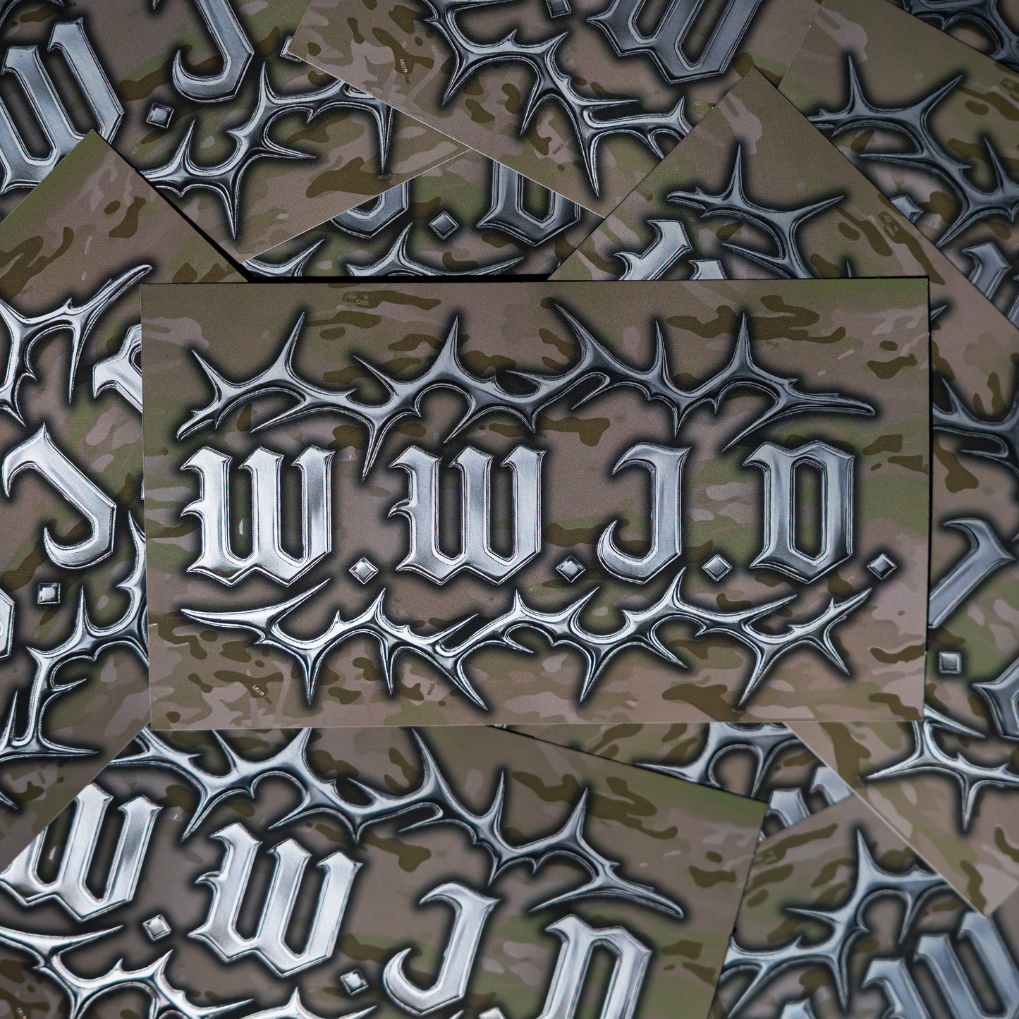 WWJD Chrome Thorns Sticker (Arid Multicam) –Arid Camo chrome WWJD Weatherproof Matte vinyl Faith-Based Decal