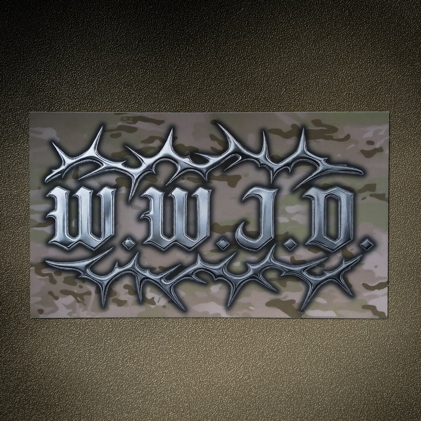 WWJD Chrome Thorns Sticker (Arid Multicam) –Arid Camo chrome WWJD Weatherproof Matte vinyl Faith-Based Decal