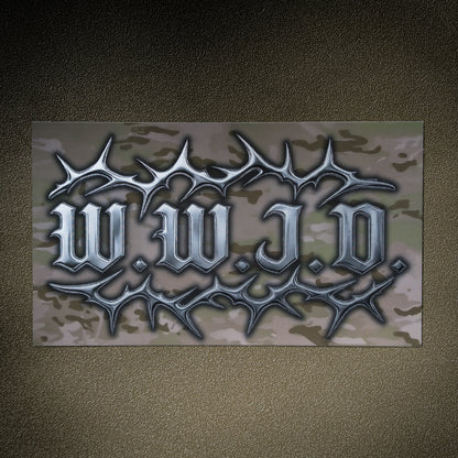 WWJD Chrome Thorns Sticker (Arid Multicam) –Arid Camo chrome WWJD Weatherproof Matte vinyl Faith-Based Decal