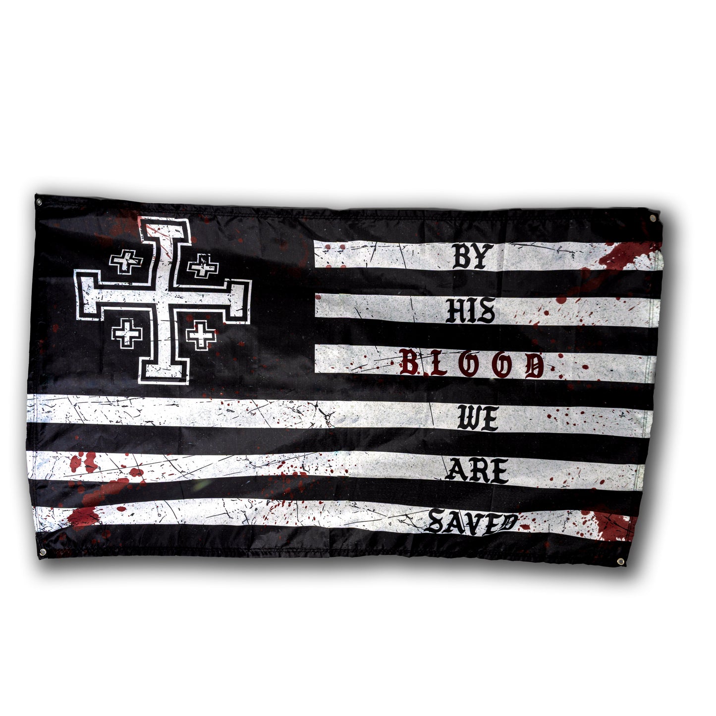 By His Blood flag wall hanger with Jerusalem Cross design, full view – Grit and Gospel faith-based decor