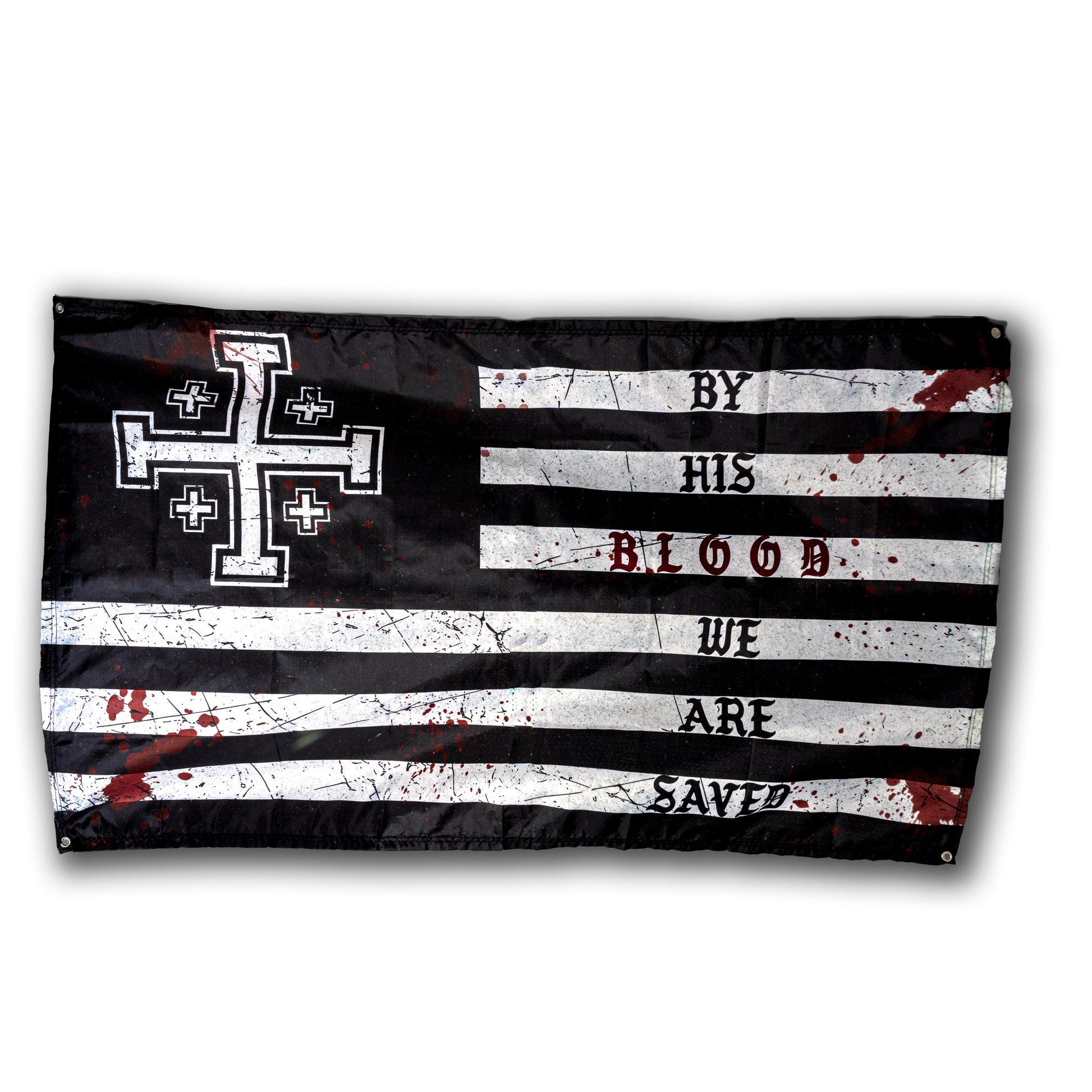 By His Blood flag wall hanger with Jerusalem Cross design, full view – Grit and Gospel faith-based decor