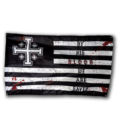 By His Blood flag wall hanger with Jerusalem Cross design, full view – Grit and Gospel faith-based decor