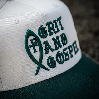 backt of two-tone Otto snapback hat with Pray For Your Homies Embroidery green color christian apparel Ichthys