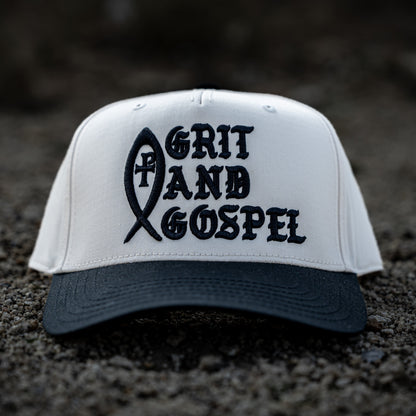 Front of two-tone Otto snapback hat with Grit and Gospel puff embroidery black color christian apparel Ichthys