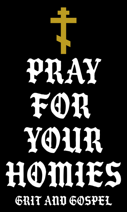 Pray For Your Homies flag wall hanger graphic detail – Grit and Gospel Christian decor