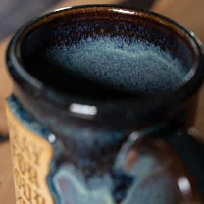 Handmade ceramic mug with Pray for Your Homies stamped design glazed inside rim