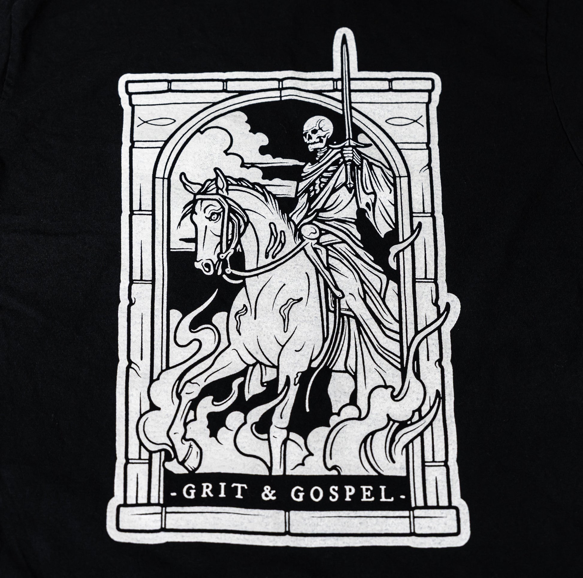 Grit and Gospel Pale Horse Christian t-shirt with Revelation design by Gypsy Walters