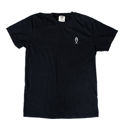 Grit and Gospel Pale Horse Christian t-shirt with Revelation design by Gypsy Walters front design with ichthys embroidered pocket logo design